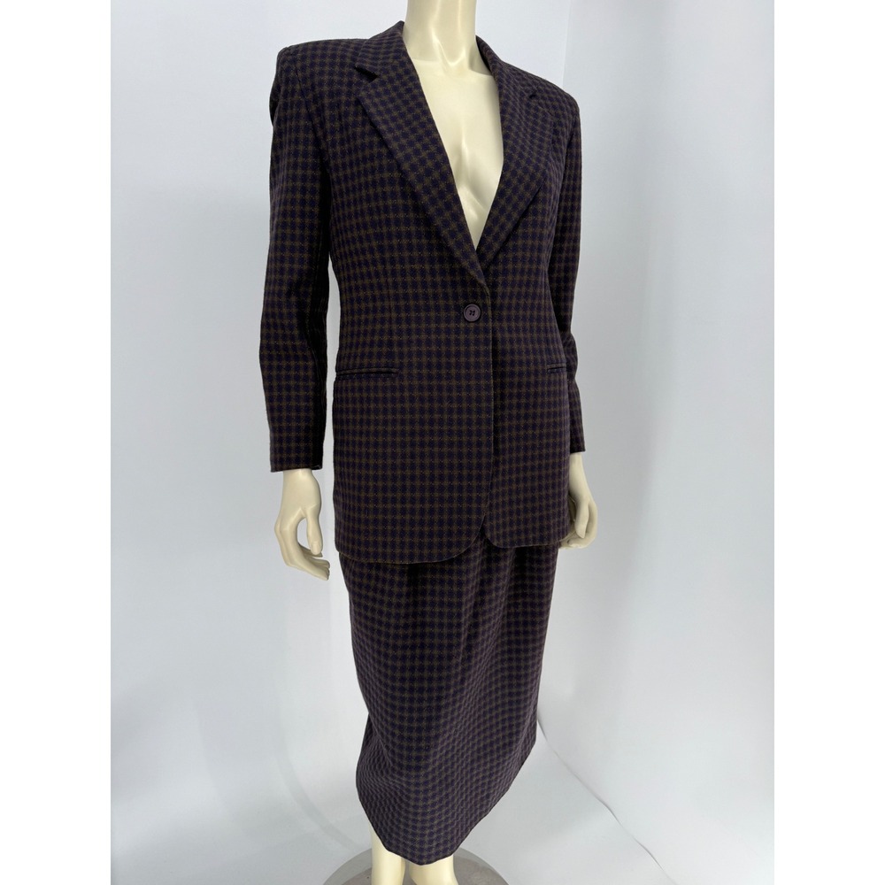 Leslie Faye Sportswear Vintage Wool Blend Skirt Suit Purple Check 8 Petite‎